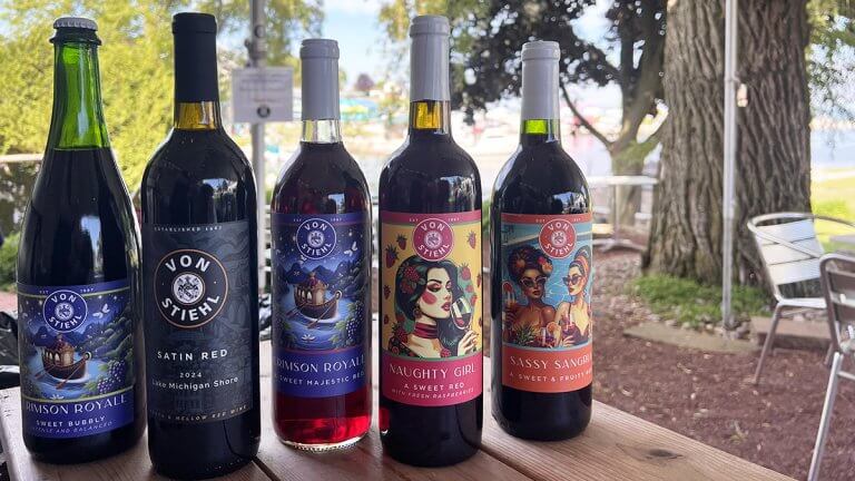 Five chillable von Stiehl red wines lined up on the outdoor terrace overlooking the Algoma waterfront.