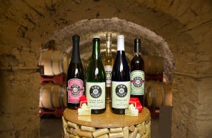 Award-winning von Stiehl Riesling, Viognier, Grappa, Cherry Bounce, and Cherry Cider displayed on a wine barrel cork table in the historic cellar.